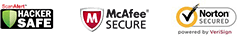 Logo: HackerSafe, McAfee-Secure, Norton-Secured